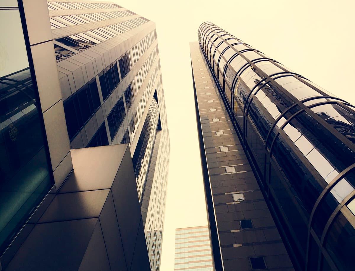 Modern high-rise buildings seen from below